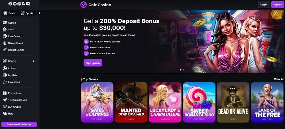 Screenshot of CoinCasino’s main banner showing a $30,000 bonus offer, fast withdrawals, and free bets on a no verification casino platform for crypto gamblers. CoinCasino no verification crypto casino homepage at