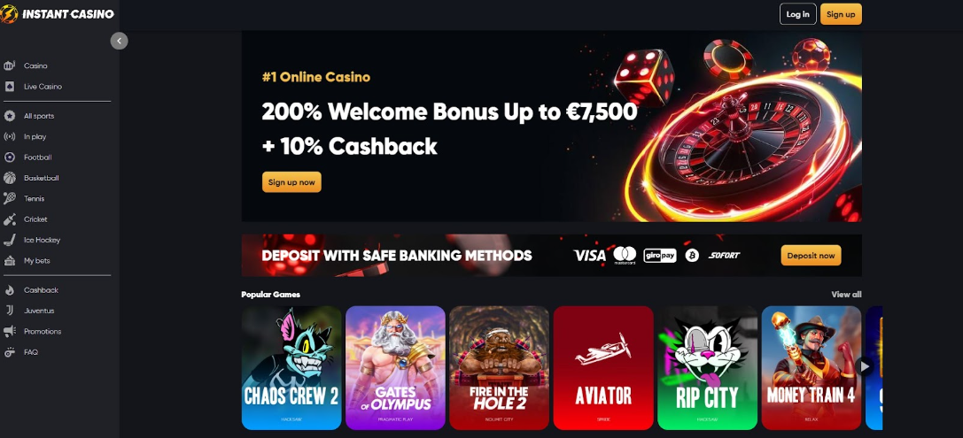 Home interface of Instant Casino featuring a €7,500 bonus, safe payment icons, and popular slots, highlighting a no verification casino experience. Instant Casino welcome page with no KYC needed