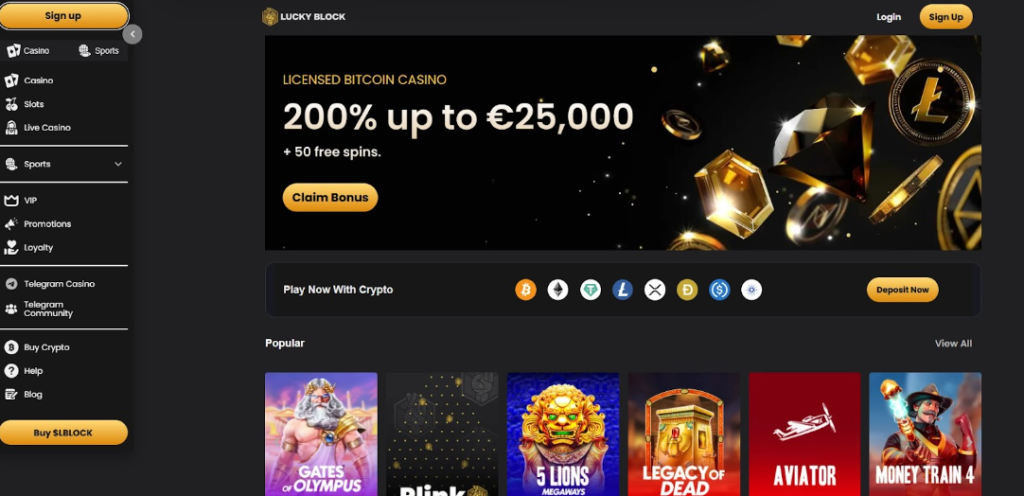 Lucky Block Bitcoin casino homepage with a €25,000 bonus, showcasing crypto payment methods and anonymous play in a no KYC gambling environment. Lucky Block no verification Bitcoin casino offer
