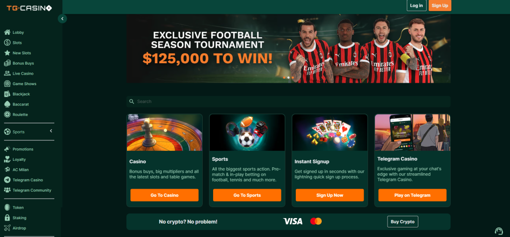 TG Casino homepage featuring a $125,000 football tournament, instant signup, Telegram casino access, and fast no verification casino gaming for crypto and fiat users. TG Casino no verification casino with sports and Telegram access